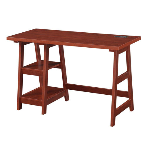 Designs2Go Trestle Desk with Charging Station, Cherry - Convenience Concepts