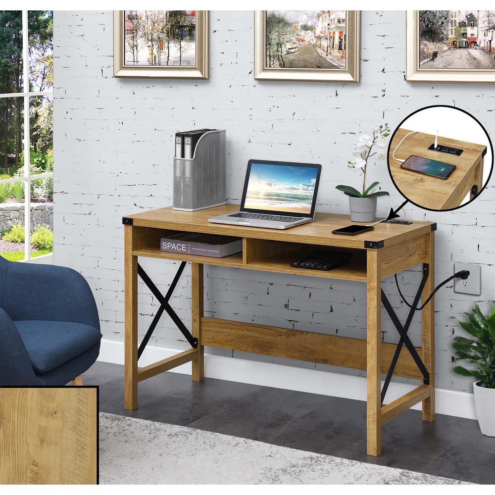 Durango 42 Inch Desk With Charging Station, English Oak/Black - Convenience Concepts