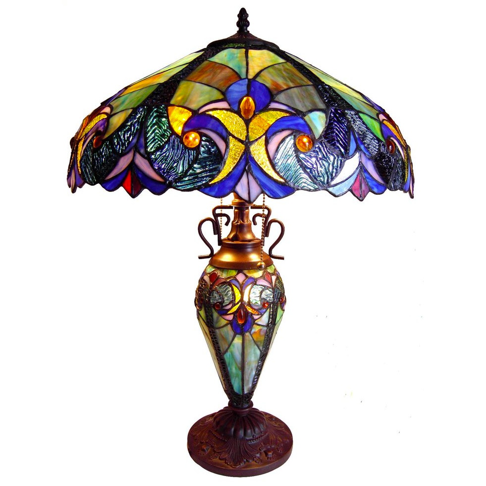 LIAISON Tiffany-style 3 Light Victorian Double Lit Table Lamp 18'' Shade - CHLOE Lighting