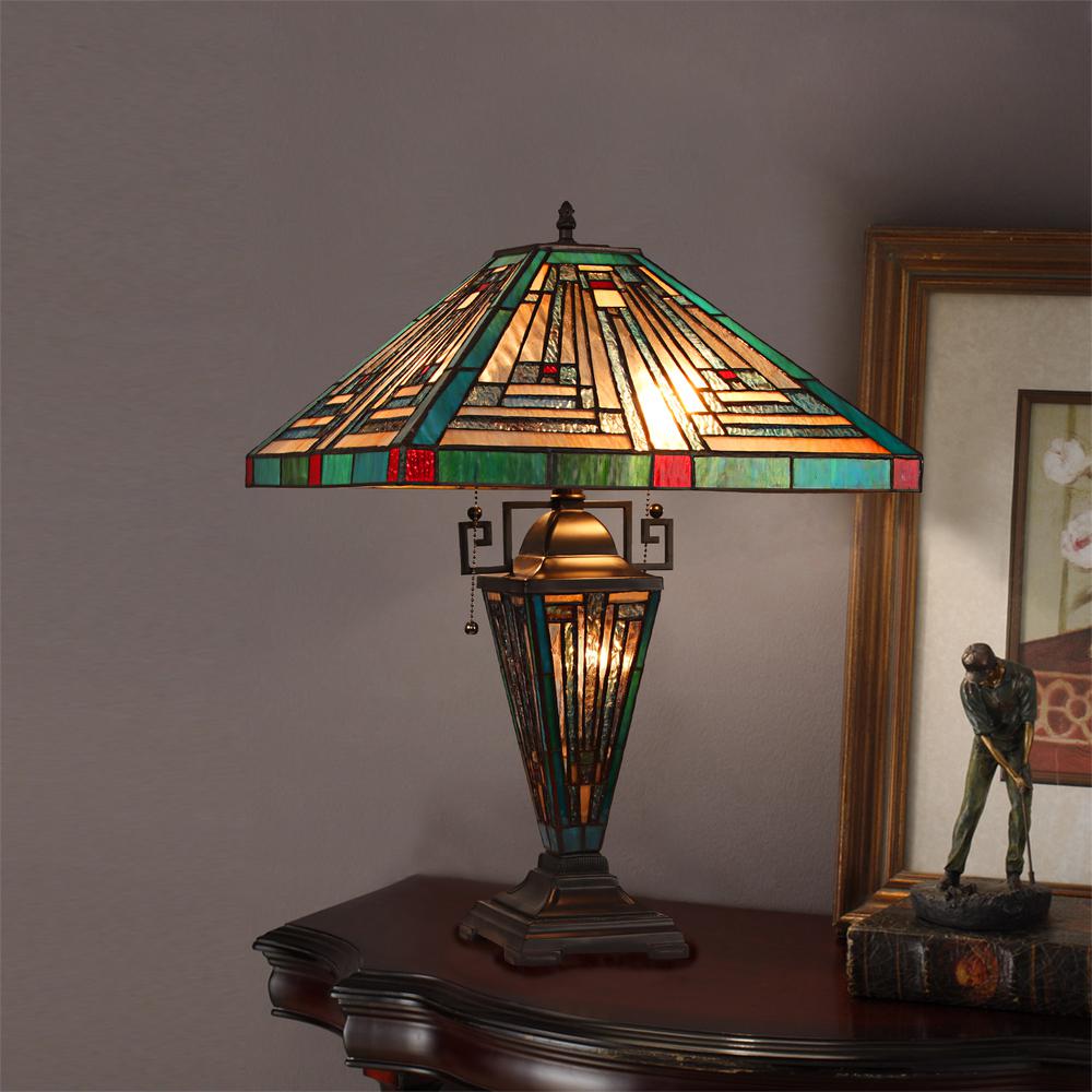CHLOE Lighting INNES Mission Tiffany-style Blackish Bronze 3 Light Double Lit Table Lamp 16'' Wide