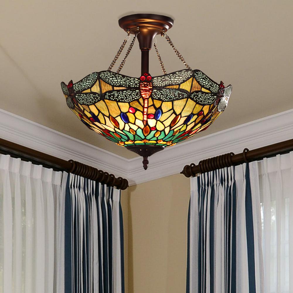 CHLOE Lighting EMPRESS Tiffany-style Dark Bronze 2 Light Semi-Flush 16'' Wide