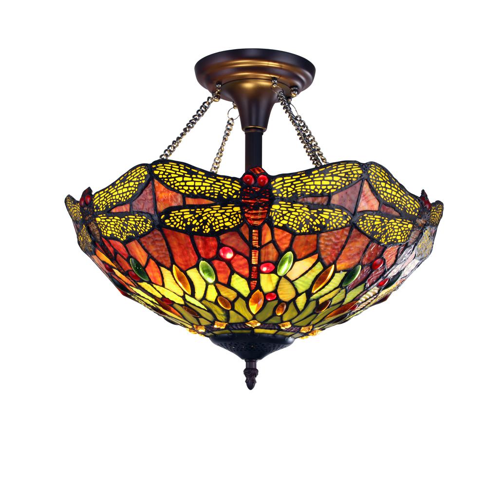 CHLOE Lighting EMPRESS Dragonfly Tiffany-style Dark Bronze 2 Light Semi-Flush 16'' Wide