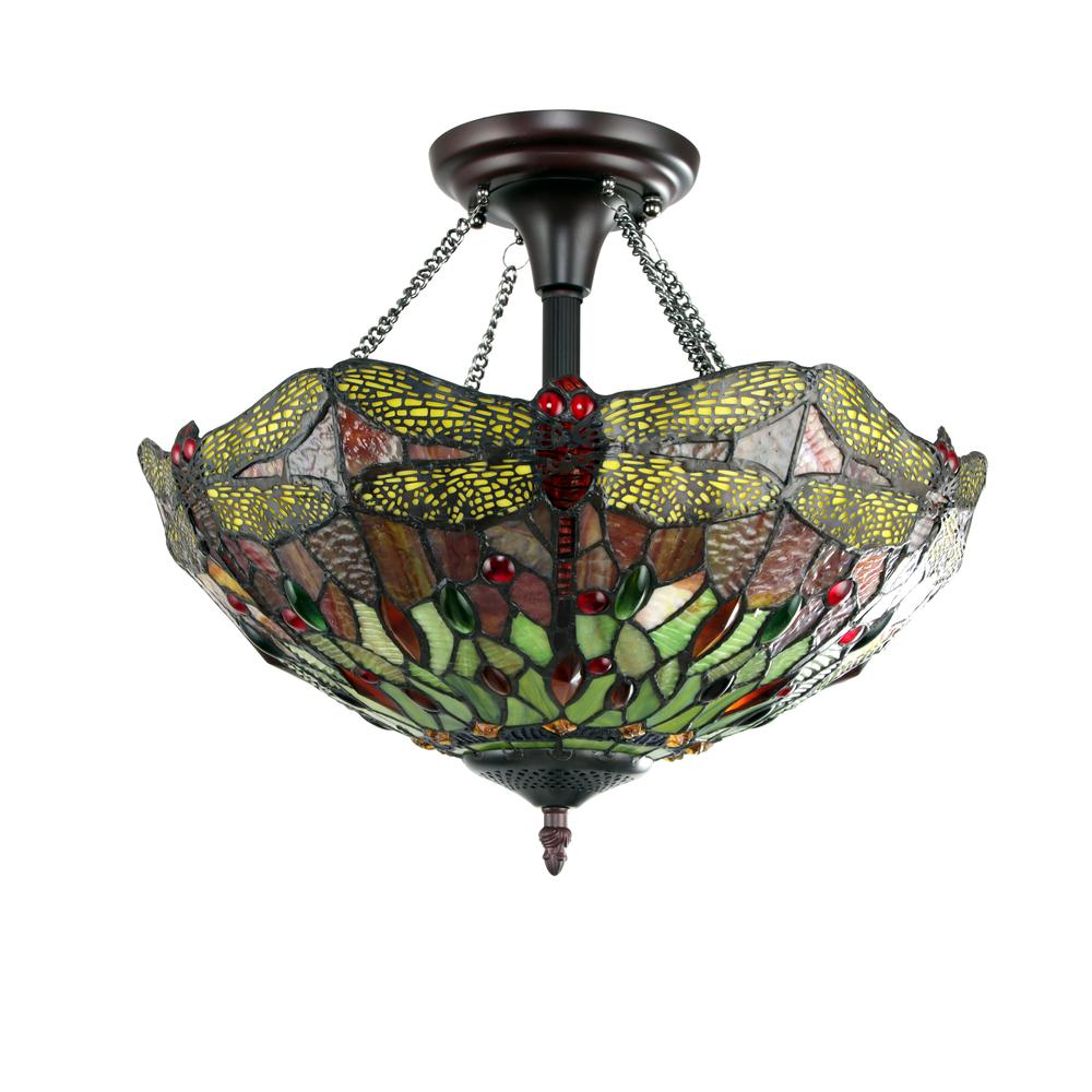 CHLOE Lighting EMPRESS Dragonfly Tiffany-style Dark Bronze 2 Light Semi-Flush 16'' Wide