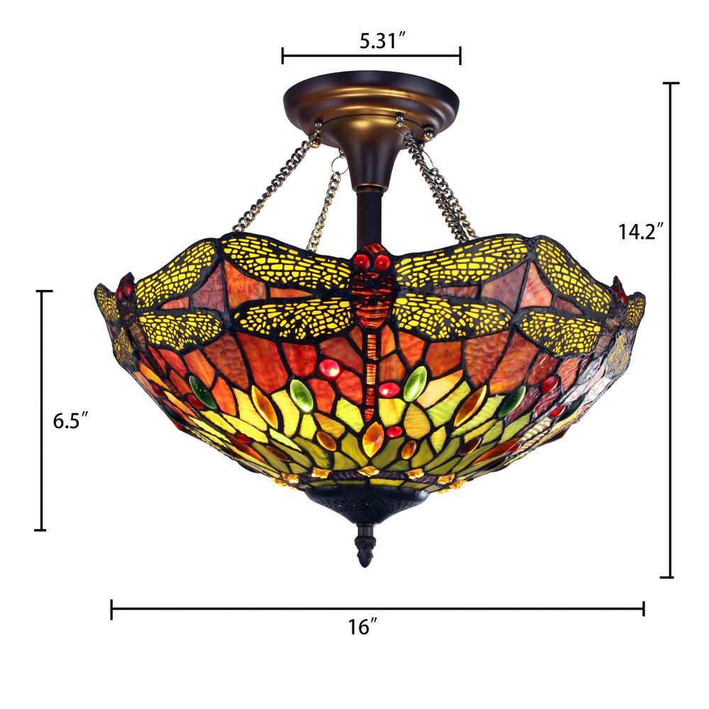 CHLOE Lighting EMPRESS Dragonfly Tiffany-style Dark Bronze 2 Light Semi-Flush 16'' Wide