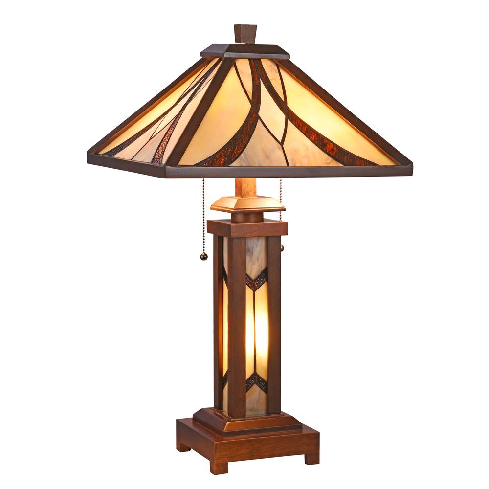 GORDON Tiffany-style Mission 3 Light Double Lit Wooden Table Lamp 15'' Shade - CHLOE Lighting