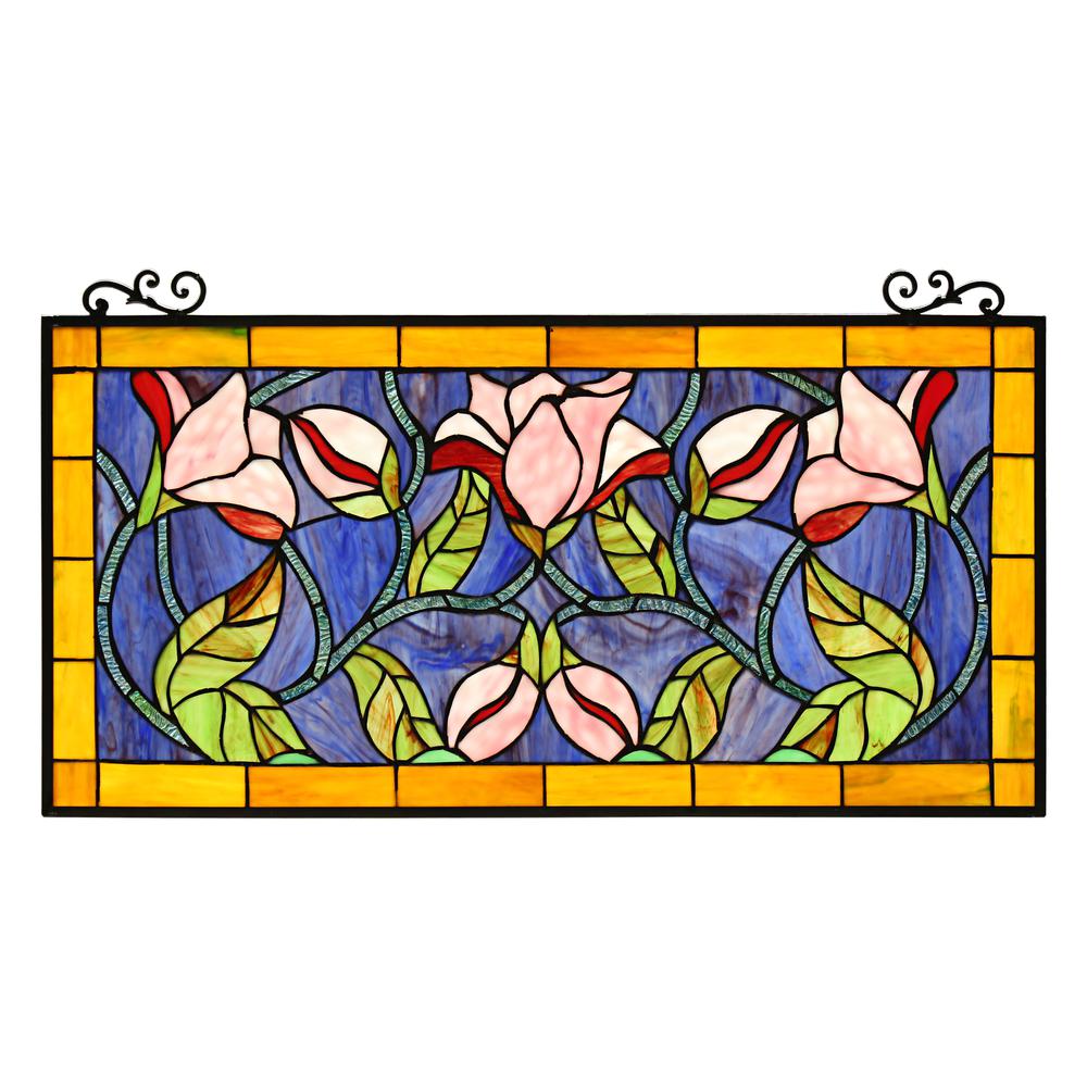 CHLOE Lighting ORIENTAL Tiffany-Style Floral Stained Glass Window Panel 34'' Wide