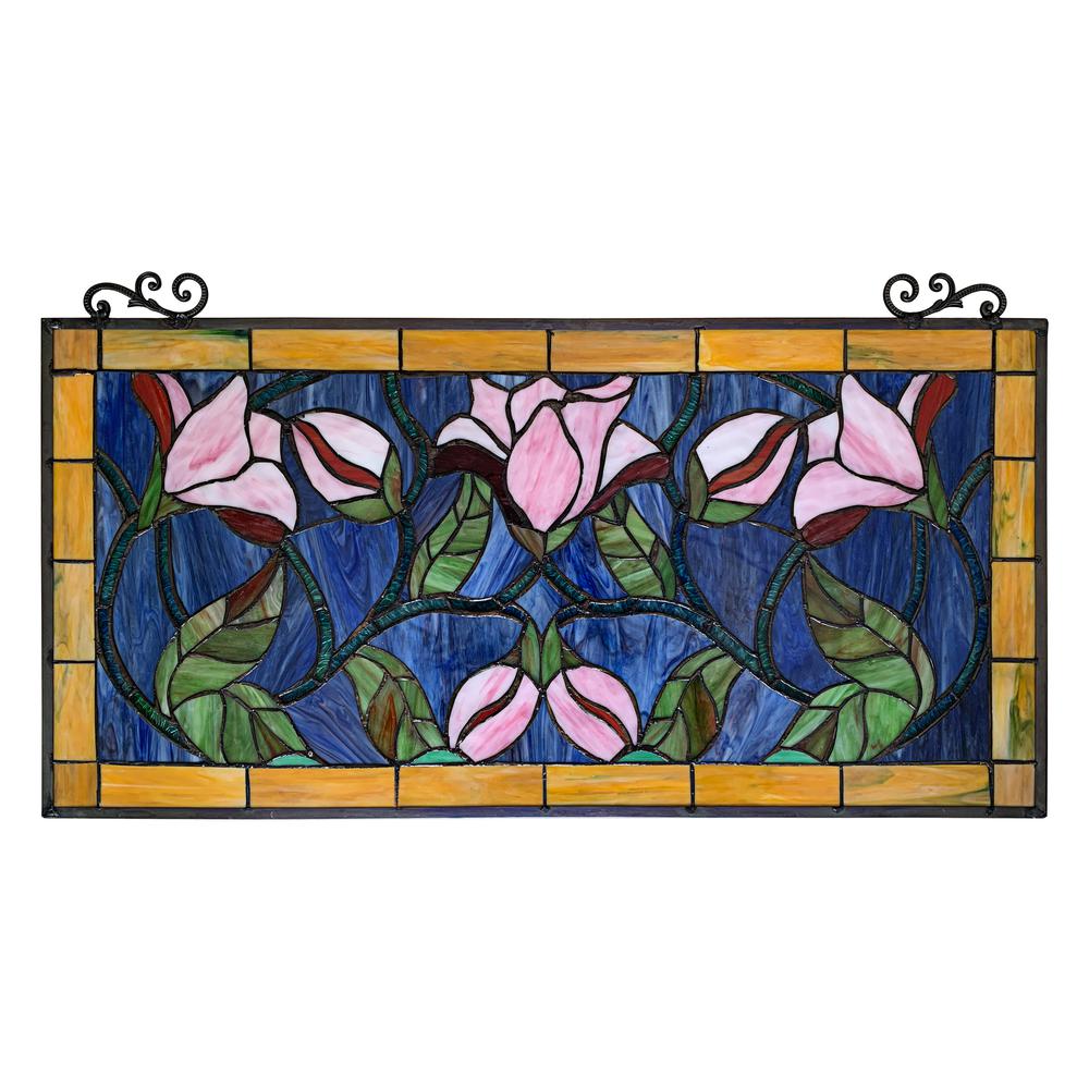 CHLOE Lighting ORIENTAL Tiffany-Style Floral Stained Glass Window Panel 34'' Wide