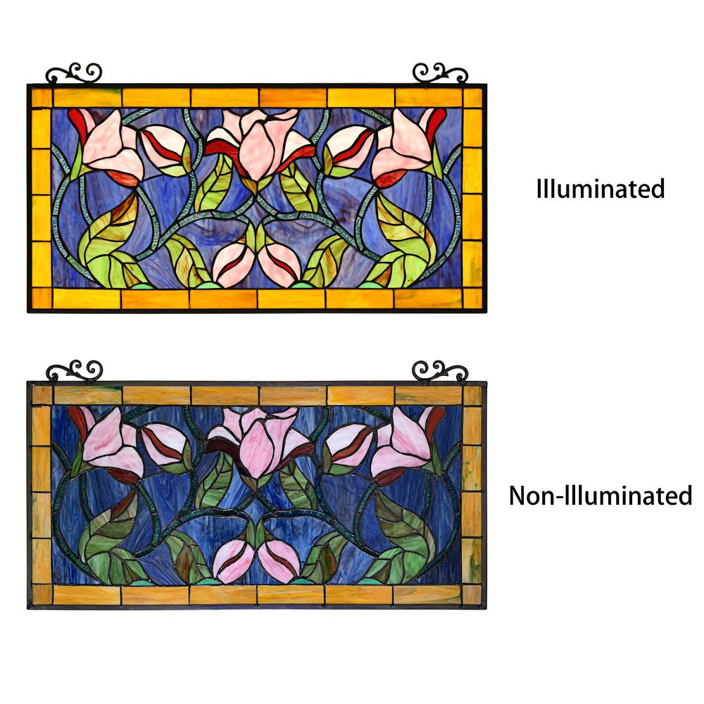 CHLOE Lighting ORIENTAL Tiffany-Style Floral Stained Glass Window Panel 34'' Wide