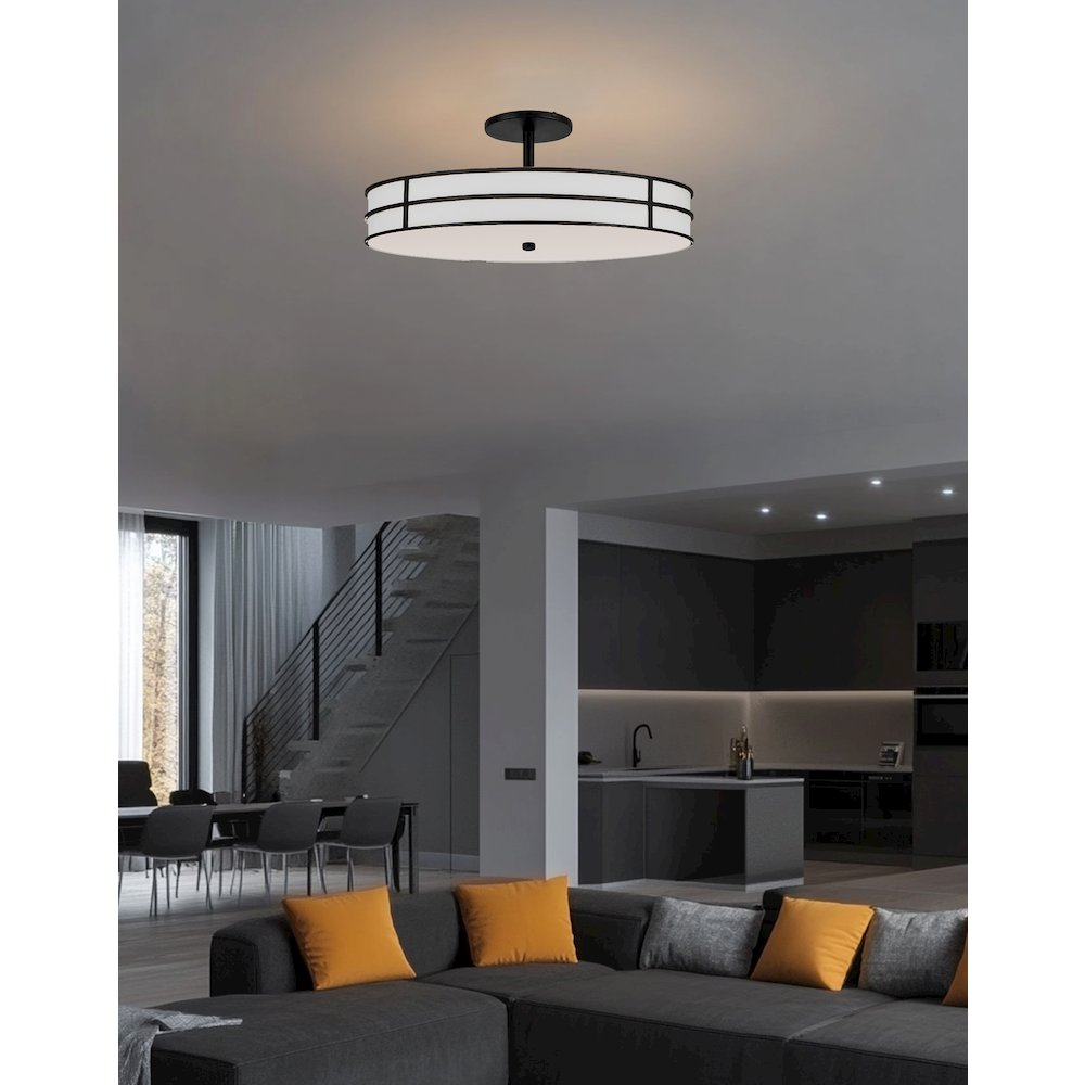 3 Light Semi-Flush in Matte Black w/ White Fabric Shade - Dainolite