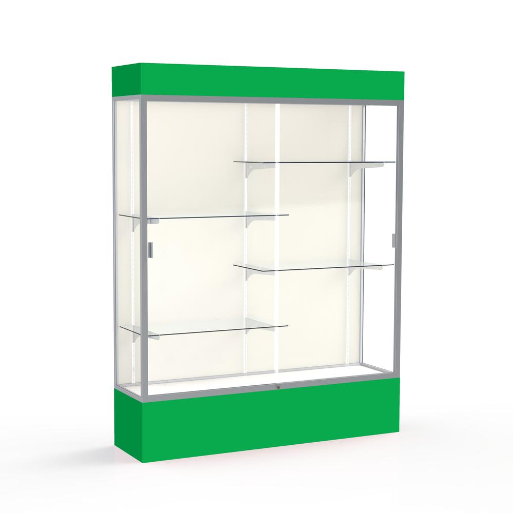 Spirit  60''W x 80''H x 16''D  Lighted Floor Case, Plaque Back, Satin Finish, Kelly Green Base and Top - Waddell