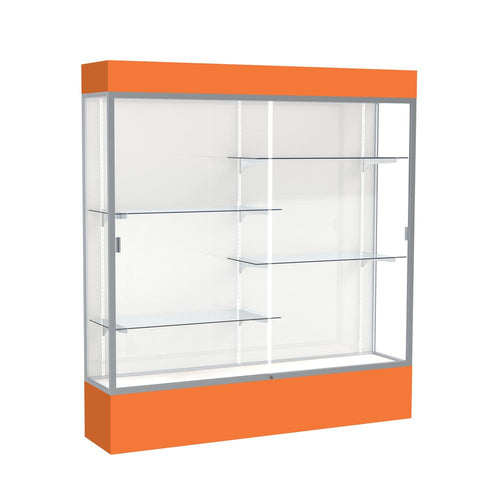 Spirit  72''W x 80''H x 16''D  Lighted Floor Case, White Back, Satin Finish, Orange Base and Top - Waddell