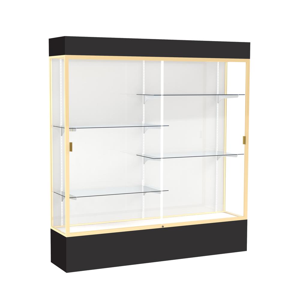 Spirit  72''W x 80''H x 16''D  Lighted Floor Case, White Back, Champagne Finish, Black Base and Top - Waddell