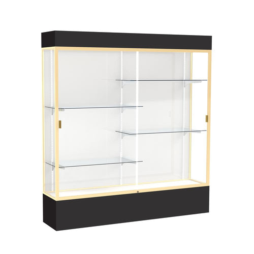 Spirit  72''W x 80''H x 16''D  Lighted Floor Case, White Back, Champagne Finish, Black Base and Top - Waddell