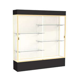 Spirit  72''W x 80''H x 16''D  Lighted Floor Case, Plaque Back, Champagne Finish, Black Base and Top - Waddell