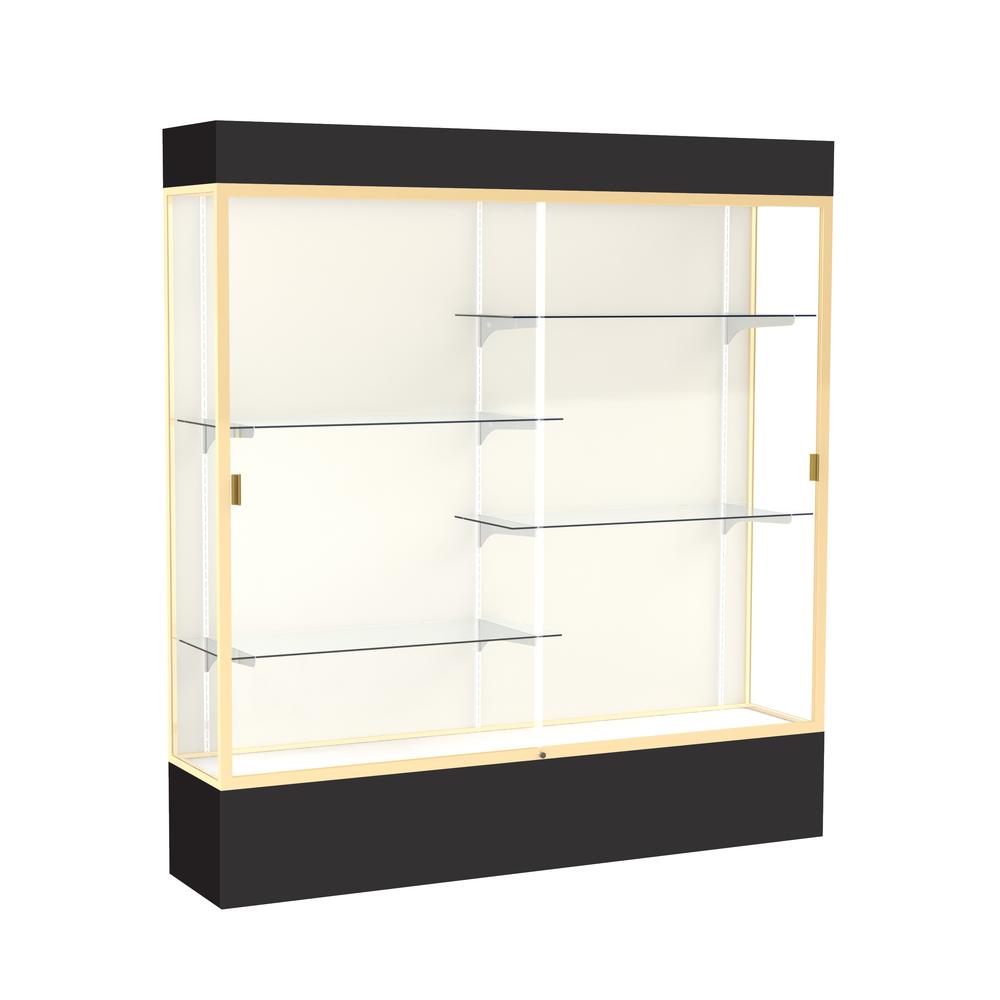 Spirit  72''W x 80''H x 16''D  Lighted Floor Case, Plaque Back, Champagne Finish, Black Base and Top - Waddell