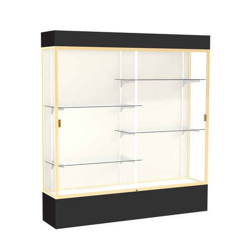 Spirit  72''W x 80''H x 16''D  Lighted Floor Case, Plaque Back, Champagne Finish, Black Base and Top - Waddell