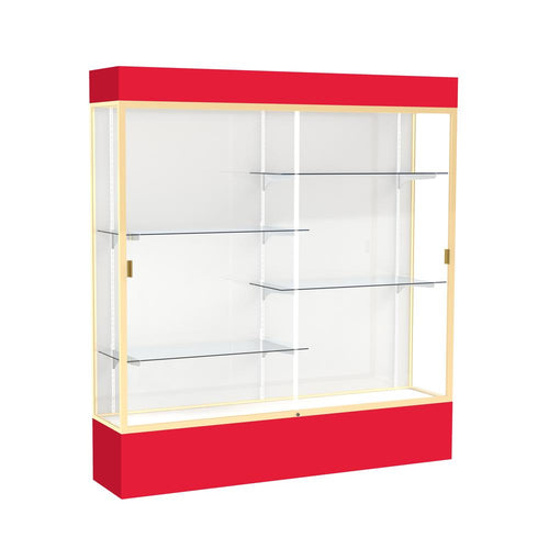 Spirit  72''W x 80''H x 16''D  Lighted Floor Case, White Back, Champagne Finish, Red Base and Top - Waddell