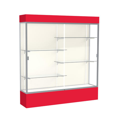 Spirit  72''W x 80''H x 16''D  Lighted Floor Case, Plaque Back, Satin Finish, Red Base and Top - Waddell