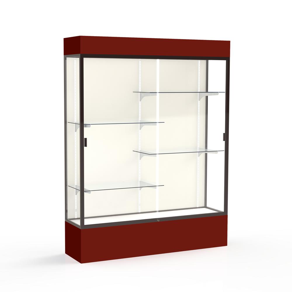 Spirit  60''W x 80''H x 16''D  Lighted Floor Case, Plaque Back, Dk. Bronze Finish, Maroon Base and Top - Waddell