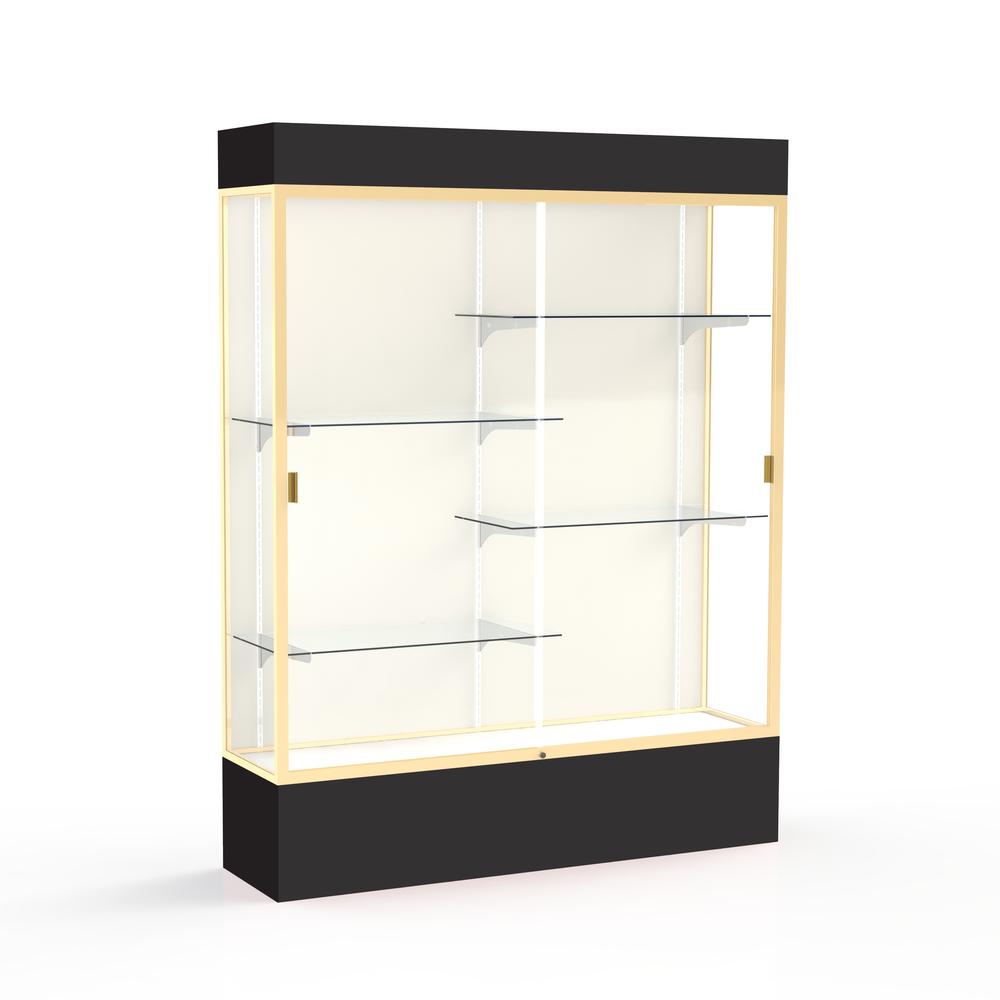 Spirit  60''W x 80''H x 16''D  Lighted Floor Case, Plaque Back, Champagne Finish, Black Base and Top - Waddell