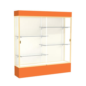 Spirit  72''W x 80''H x 16''D  Lighted Floor Case, Plaque Back, Champagne Finish, Orange Base and Top - Waddell