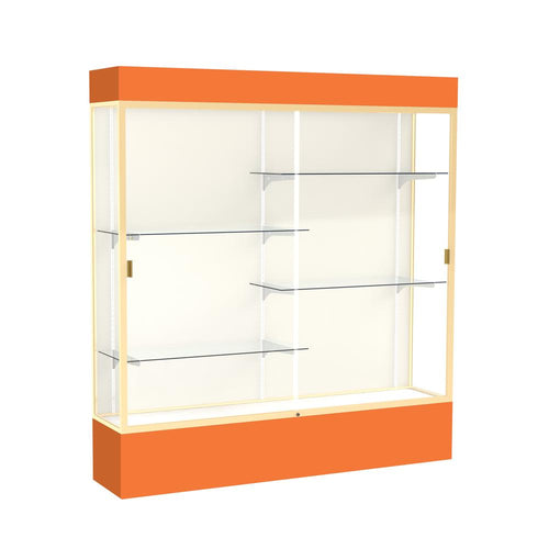 Spirit  72''W x 80''H x 16''D  Lighted Floor Case, Plaque Back, Champagne Finish, Orange Base and Top - Waddell