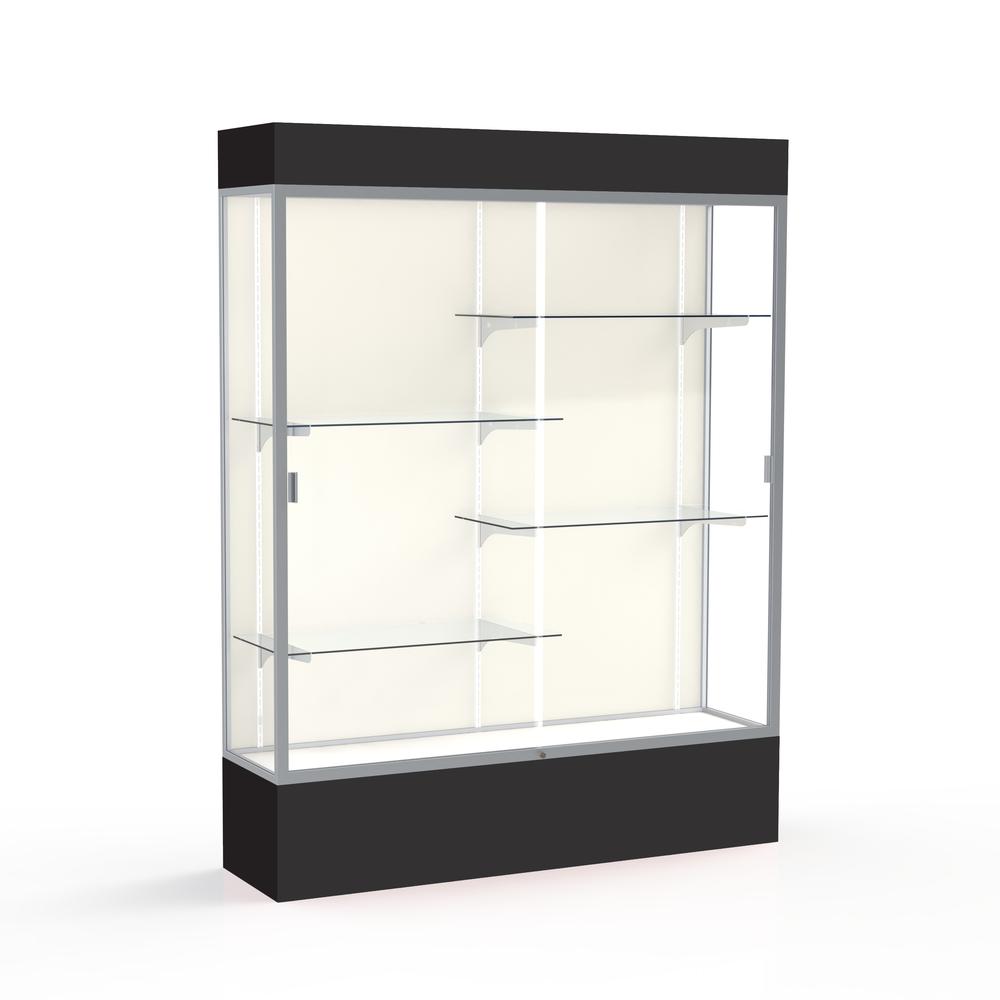 Spirit  60''W x 80''H x 16''D  Lighted Floor Case, Plaque Back, Satin Finish, Black Base and Top - Waddell