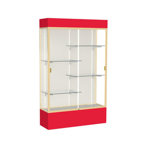 Spirit  48''W x 80''H x 16''D  Lighted Floor Case, Plaque Back, Champagne Finish, Red Base and Top - Waddell
