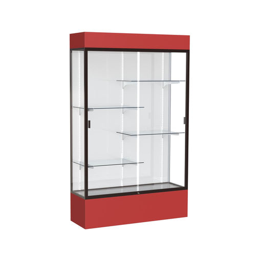 Spirit  48''W x 80''H x 16''D  Lighted Floor Case, White Back, Dk. Bronze Finish, Red Base and Top - Waddell