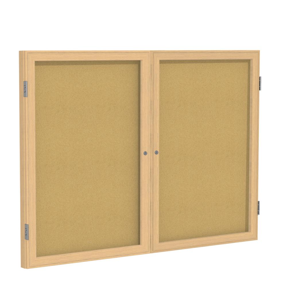 Ghent 2 Door Enclosed Natural Cork Bulletin Board with Oak Wood Frame, 3'H x 4'W