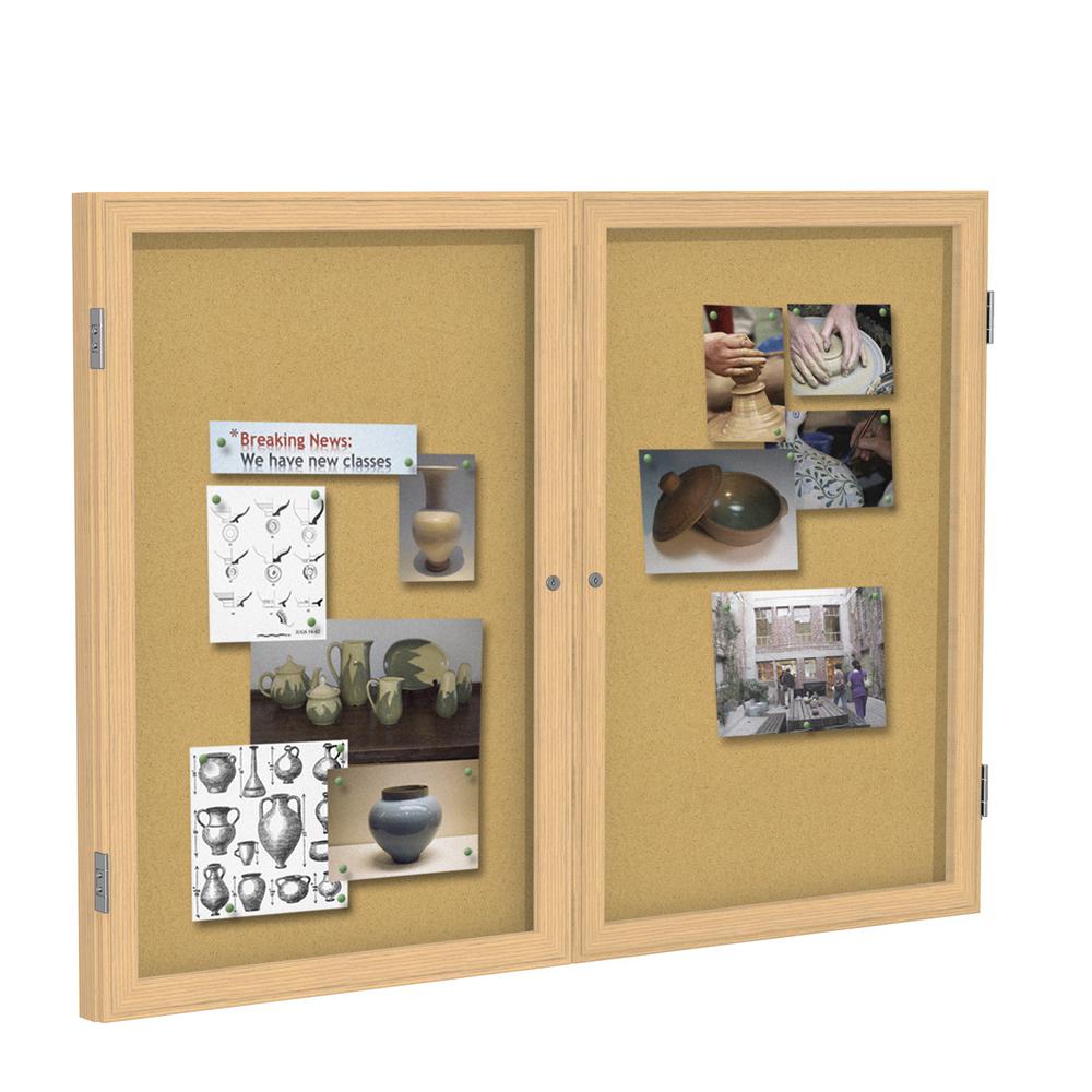 Ghent 2 Door Enclosed Natural Cork Bulletin Board with Oak Wood Frame, 3'H x 4'W