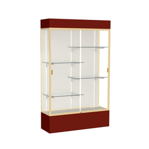 Spirit  48''W x 80''H x 16''D  Lighted Floor Case, Plaque Back, Champagne Finish, Maroon Base and Top - Waddell