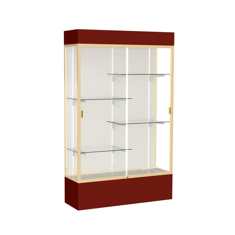 Spirit  48''W x 80''H x 16''D  Lighted Floor Case, Plaque Back, Champagne Finish, Maroon Base and Top - Waddell