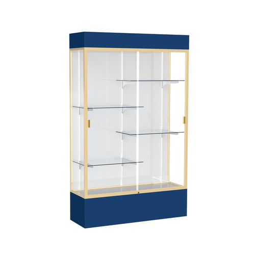 Spirit  48''W x 80''H x 16''D  Lighted Floor Case, White Back, Champagne Finish, Navy Base and Top - Waddell