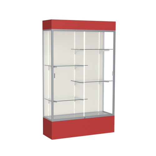Spirit  48''W x 80''H x 16''D  Lighted Floor Case, Plaque Back, Satin Finish, Red Base and Top - Waddell