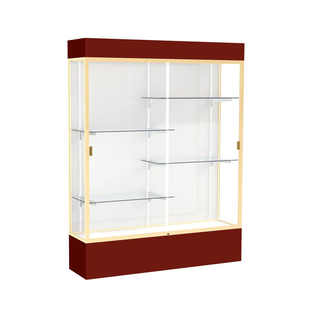 Spirit  60''W x 80''H x 16''D  Lighted Floor Case, White Back, Champagne Finish, Maroon Base and Top - Waddell