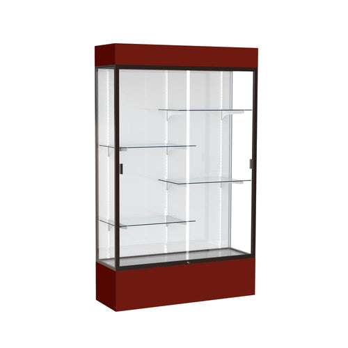 Spirit  48''W x 80''H x 16''D  Lighted Floor Case, White Back, Dk. Bronze Finish, Maroon Base and Top - Waddell