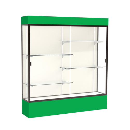 Spirit  72''W x 80''H x 16''D  Lighted Floor Case, Plaque Back, Dk. Bronze Finish, Kelly Green Base and Top - Waddell