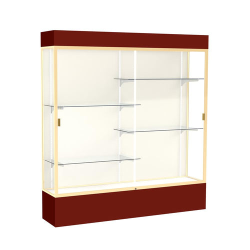 Spirit  72''W x 80''H x 16''D  Lighted Floor Case, Plaque Back, Champagne Finish, Maroon Base and Top - Waddell