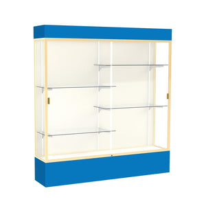 Spirit  72''W x 80''H x 16''D  Lighted Floor Case, Plaque Back, Champagne Finish, Royal Blue Base and Top - Waddell