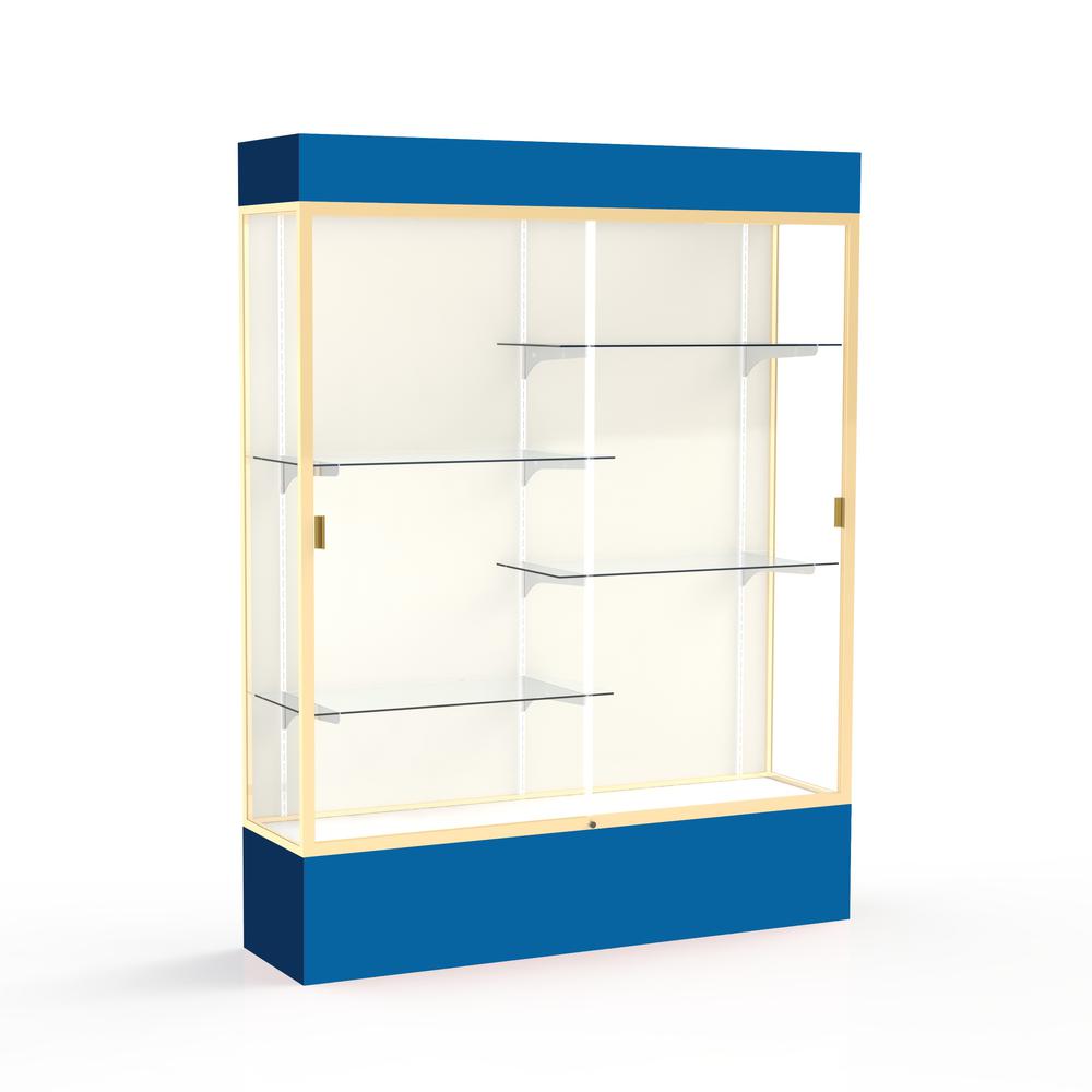 Spirit  60''W x 80''H x 16''D  Lighted Floor Case, Plaque Back, Champagne Finish, Royal Blue Base and Top - Waddell