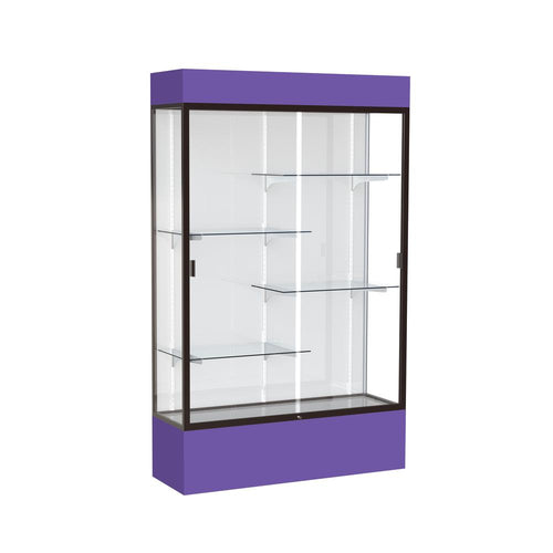 Spirit  48''W x 80''H x 16''D  Lighted Floor Case, White Back, Dk. Bronze Finish, Purple Base and Top - Waddell