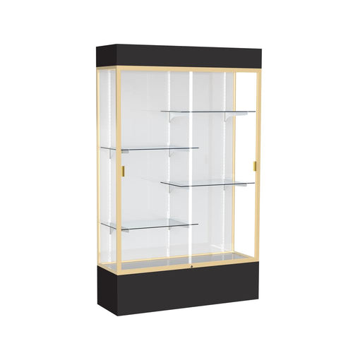 Spirit  48''W x 80''H x 16''D  Lighted Floor Case, White Back, Champagne Finish, Black Base and Top - Waddell