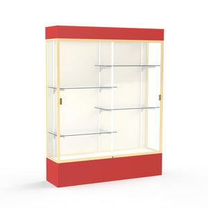 Spirit  60''W x 80''H x 16''D  Lighted Floor Case, Plaque Back, Champagne Finish, Red Base and Top - Waddell