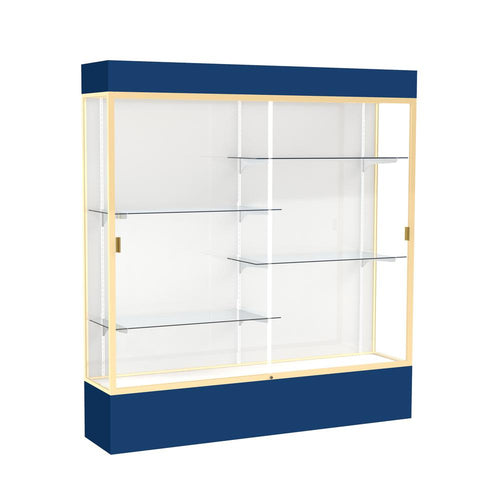 Spirit  72''W x 80''H x 16''D  Lighted Floor Case, White Back, Champagne Finish, Navy Base and Top - Waddell