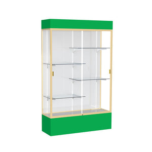 Spirit  48''W x 80''H x 16''D  Lighted Floor Case, White Back, Champagne Finish, Kelly Green Base and Top - Waddell