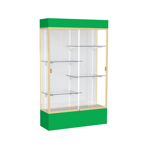 Spirit  48''W x 80''H x 16''D  Lighted Floor Case, White Back, Champagne Finish, Kelly Green Base and Top - Waddell