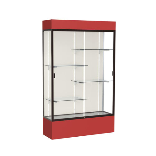 Spirit  48''W x 80''H x 16''D  Lighted Floor Case, Plaque Back, Dk. Bronze Finish, Red Base and Top - Waddell