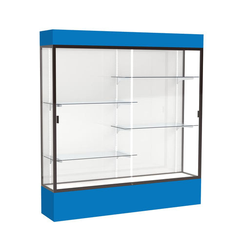 Spirit  72''W x 80''H x 16''D  Lighted Floor Case, White Back, Dk. Bronze Finish, Royal Blue Base and Top - Waddell