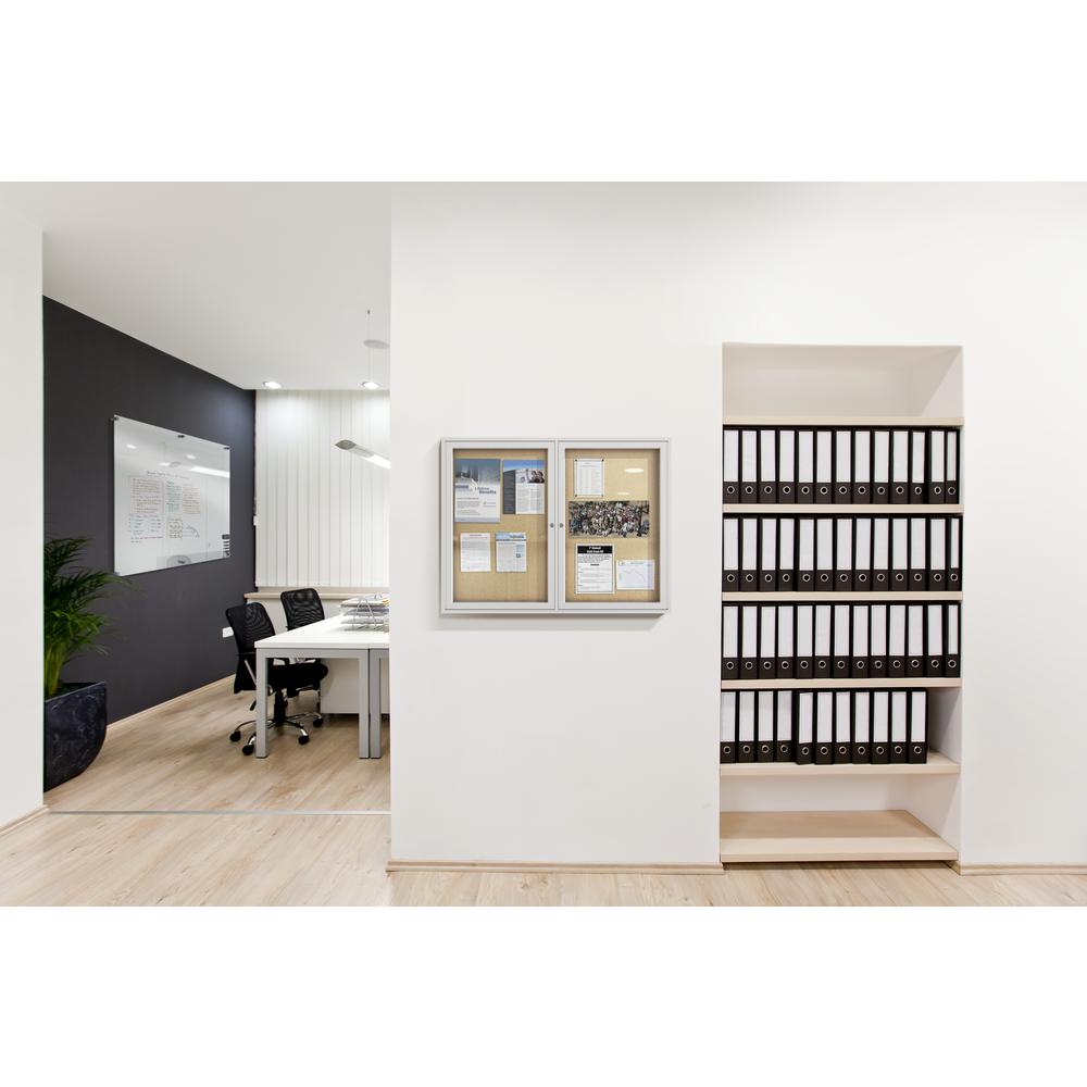 48''x60'' 2-Door Satin Aluminum Frame Enclosed Bulletin Board - Natural Cork - Ghent